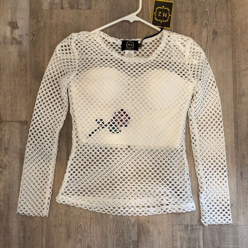 M2 by Moona Apparel White Bustier Corset + Fishnet Mesh Top Set Women’s Small